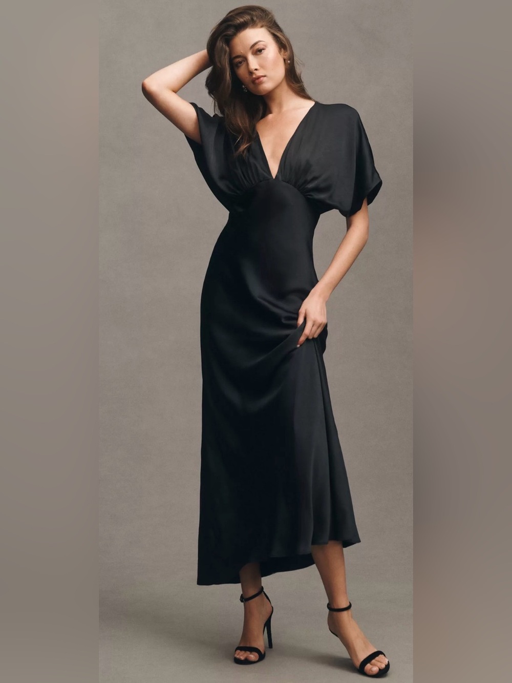 Anthropologie BHLDN Amelia Gown Sz 6 Black Satin Plunge V neck Formal Maxi Dres